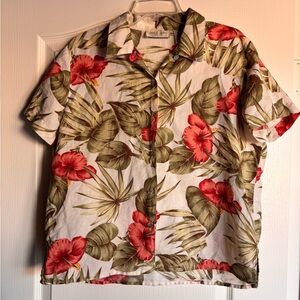 Lemongrass linen blend button-down floral Hawaiian shirt women’s petite large